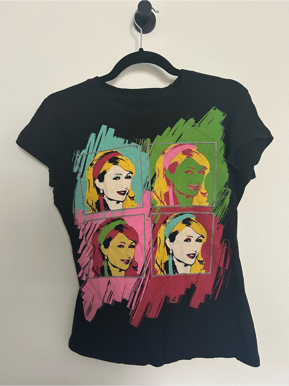 Paris Hilton Black Pop Art Portrait Tee with Multicolor Panels